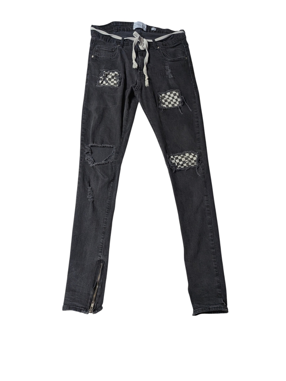 Lakenzie Destroyed Checkered Belted Skinny Jeans